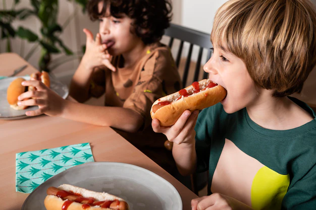 Niños con un hotdog